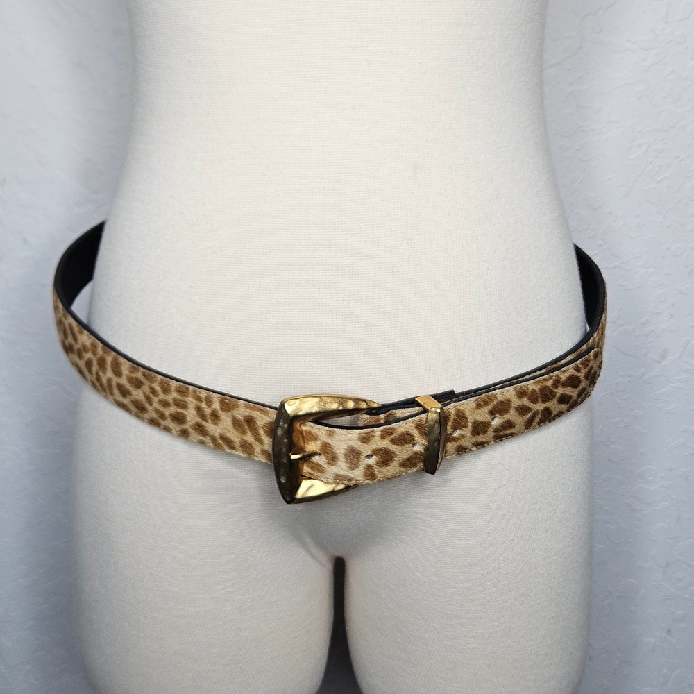 Elite Fresno California Leopard Print Calf Hair Belt Gold Hammered Buckle 1 XL - Picture 1 of 5